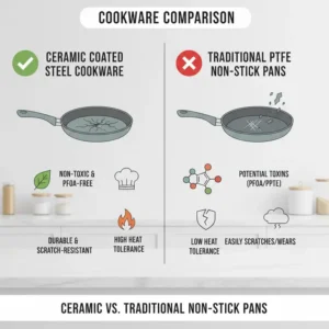 Comparison chart between ceramic coated stainless steel cookware and traditional non-stick pans.