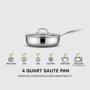 Icons showing that the 4 qt saute pan is compatible with induction, gas, and electric stoves, and is oven-safe.