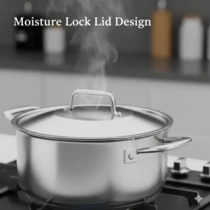 Close-up of the heavy-duty lid seal on a professional dutch oven stainless steel for moisture retention.