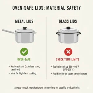 Showing tempered glass and metal lids compatible with saucepans that can go in the oven.
