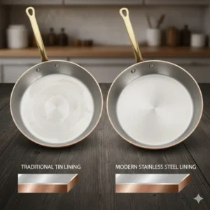 Side-by-side illustration of two solid copper pans featuring traditional hand-wiped tin lining and modern stainless steel interior.