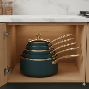 Space-saving nesting design of a modern teal pots and pans set in a cabinet.
