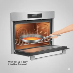 Showing the high heat resistance of a stainless steel non stick saute pan being used inside an oven.