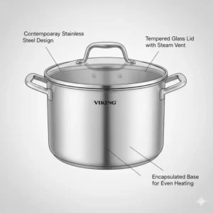 Large viking cookware contemporary series stock pot with a clear tempered glass lid and dual side handles