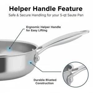 Detailed illustration of the ergonomic helper handle designed for the large 5 qt saute pan.