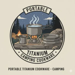 A stylized graphic of a compact titanium cookware set used over a portable camping stove.