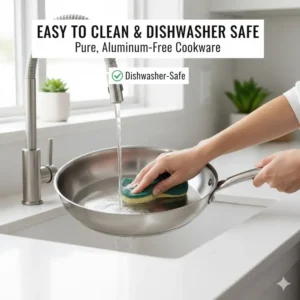 A person easily washing a skillet from the best stainless steel cookware without aluminum set in a kitchen sink.