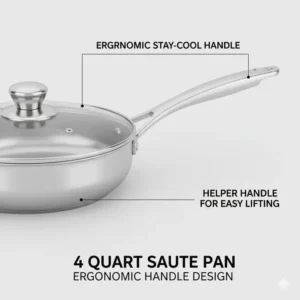 Illustration highlighting the ergonomic stay-cool handle and the additional helper handle on a 4 qt saute pan.