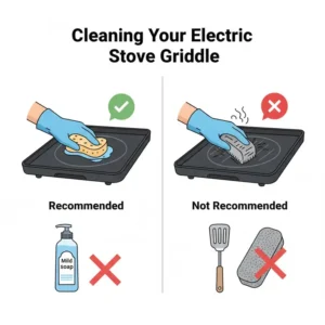 Step-by-step cleaning guide for maintaining a non-stick griddle for electric stove top surface.