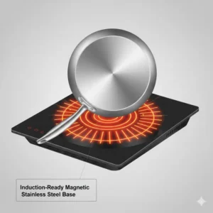 Close-up of the magnetic bottom layer of a stainless steel non stick saute pan for induction cooking.