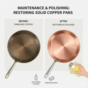 A before-and-after illustration showing how to clean solid copper pans to restore their original bright shine.