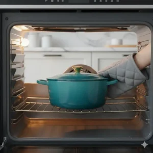 An oven-safe Dutch oven from the teal pots and pans set being used for baking.