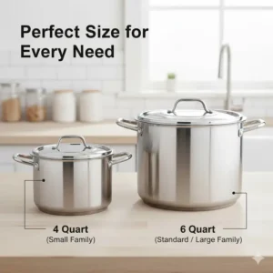 Size comparison of different capacity models in the dutch oven stainless steel product line.