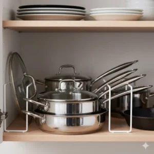 How to efficiently organize a 3 qt saute pan in a standard kitchen cabinet for space saving.