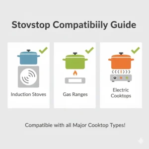 Compatibility guide for colorful cookware sets on induction, gas, and electric stovetops.