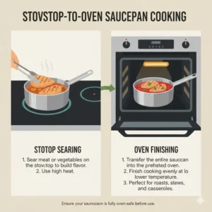 A diagram of a stovetop-to-table transition using professional saucepans that can go in the oven.