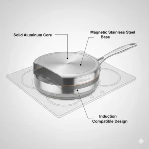 Technical illustration of the magnetic stainless steel base of viking cookware designed for induction cooktops.
