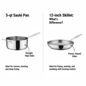 Side-by-side comparison of a sloped fry pan and the straight-sided 5 qt saute pan.