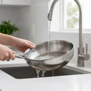 Easy cleaning process of a non-stick 3 qt saute pan in a kitchen sink with soapy water.