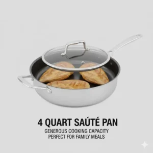 A visual guide showing a 4 qt saute pan filled with four large chicken breasts to demonstrate its large cooking volume.