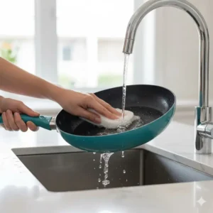 Washing a ceramic frying pan from the teal pots and pans set under a faucet.