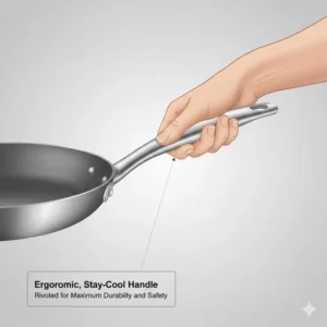 Detailed view of the stay-cool riveted handle of a professional stainless steel non stick saute pan.