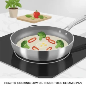 Cooking healthy meals with minimal oil using ceramic coated stainless steel cookware.