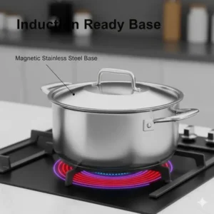 Showing the magnetic base of a dutch oven stainless steel being used on an induction cooktop.