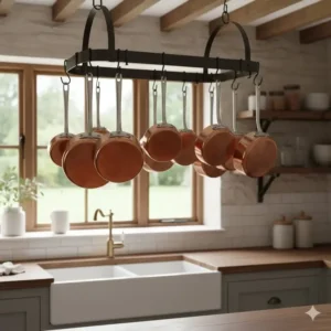 A collection of various sized solid copper pans hanging from a wrought iron pot rack in a rustic-style kitchen.
