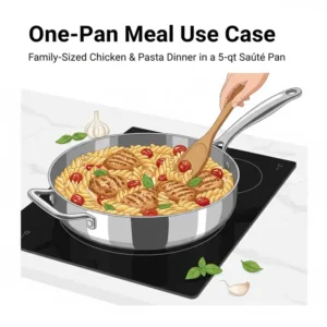 A family-sized one-pan dinner being prepared and served inside a versatile 5 qt saute pan.