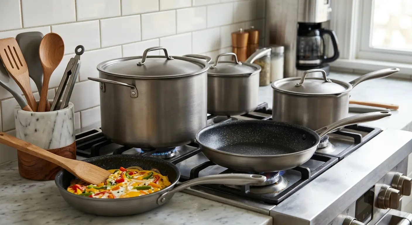 Nonstick pure titanium cookware set with pots and pans arranged on a modern stainless steel gas stove top