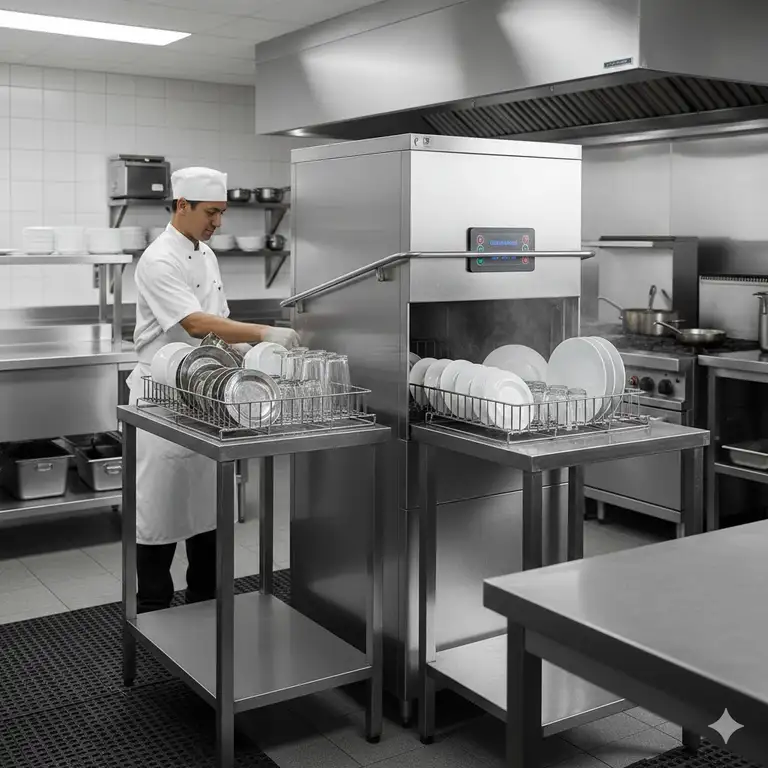 A professional stainless steel low temp dishwasher installed in a commercial kitchen setting.