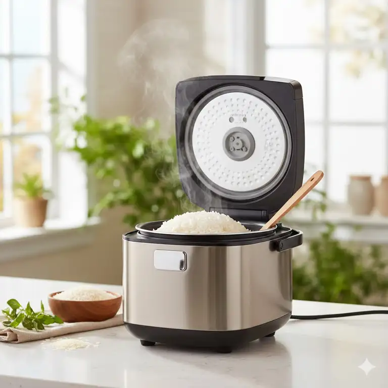 A premium stainless steel rice cooker without nonstick coating on a modern kitchen counter with steaming white rice.