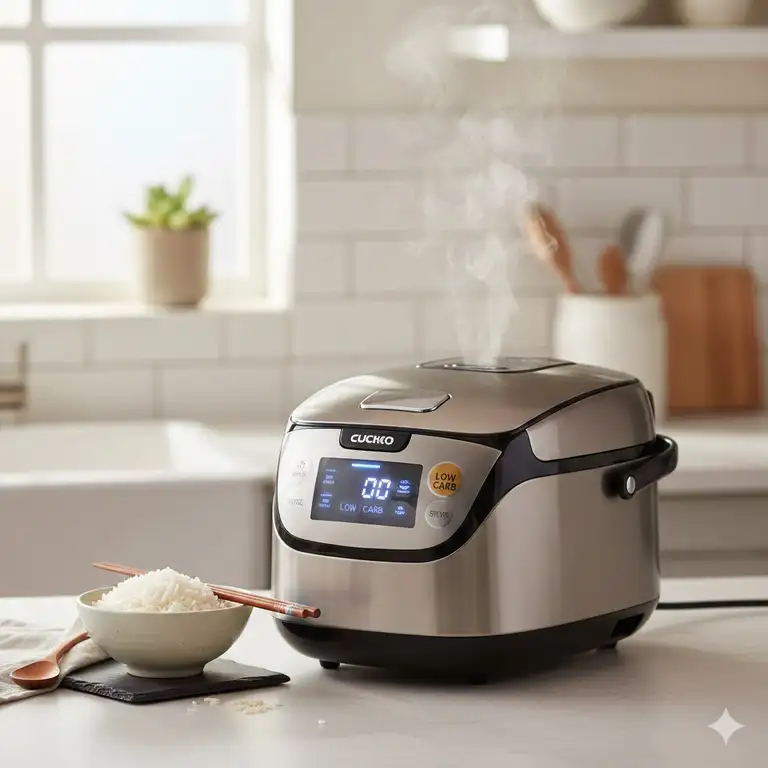 A modern kitchen featuring a sleek cuckoo low carb rice cooker on the countertop.