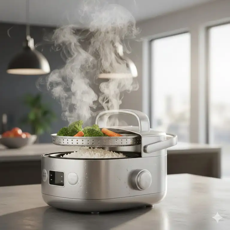 A modern stainless steel steamer rice cooker on a kitchen counter with steam rising.