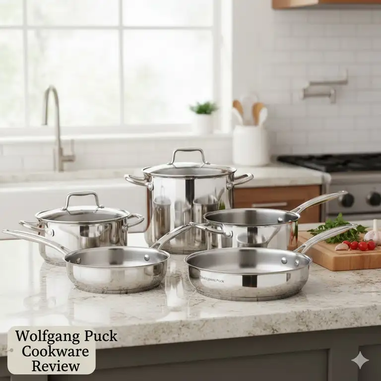 A comprehensive wolfgang puck cookware review showcasing the complete stainless steel set on a kitchen island.