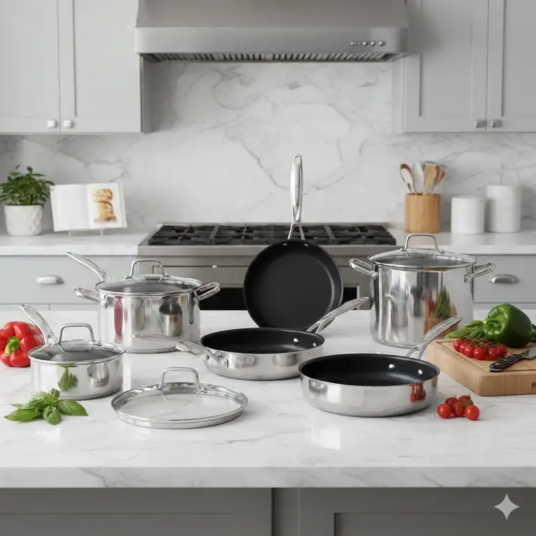 A professional kitchen set of viking nonstick cookware displayed on a marble countertop.