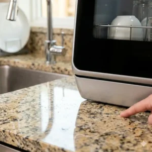 A close-up view showing the small footprint of portable dishwashers for sale on a granite countertop.