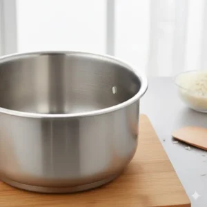 Close-up of a high-quality stainless steel inner pot for a durable rice cooker without nonstick surfaces.