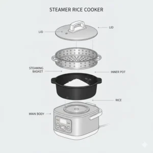 An exploded view diagram showing the inner pot and steaming basket of a steamer rice cooker.