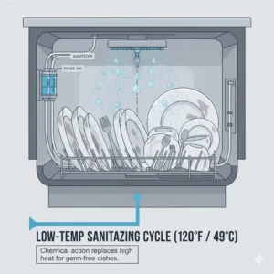 Illustration showing the chemical sanitizing injectors used in a low temp dishwasher cycle.