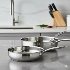 Close-up of stainless steel frying pans for our wolfgang puck cookware review highlighting the ergonomic handles.