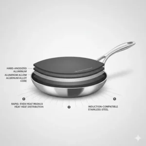 Detailed diagram showing the multi-layer construction of viking nonstick cookware pans.