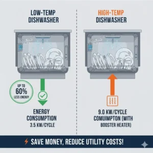 A chart comparing the lower energy consumption of a low temp dishwasher versus a high-heat model.