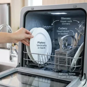 An interior shot demonstrating how to load dinnerware into efficient portable dishwashers for sale.