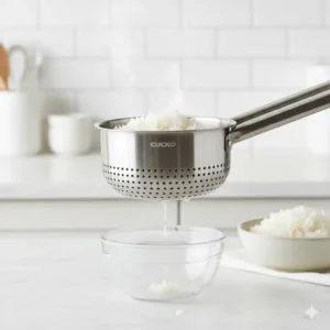 The specialized stainless steel starch-reducing tray of the cuckoo low carb rice cooker.