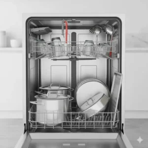 An oversized dishwasher with a tall tub design accommodating extra-large stock pots and baking sheets.