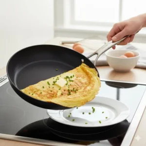 An illustration of an omelette sliding off the surface for a wolfgang puck cookware review of its nonstick coating.