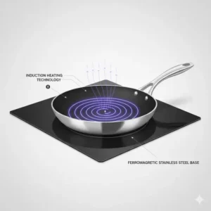 Close-up of the magnetic stainless steel base of viking nonstick cookware for induction use.