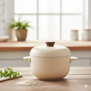 An eco-friendly ceramic interior of a rice cooker without nonstick Teflon for natural cooking.